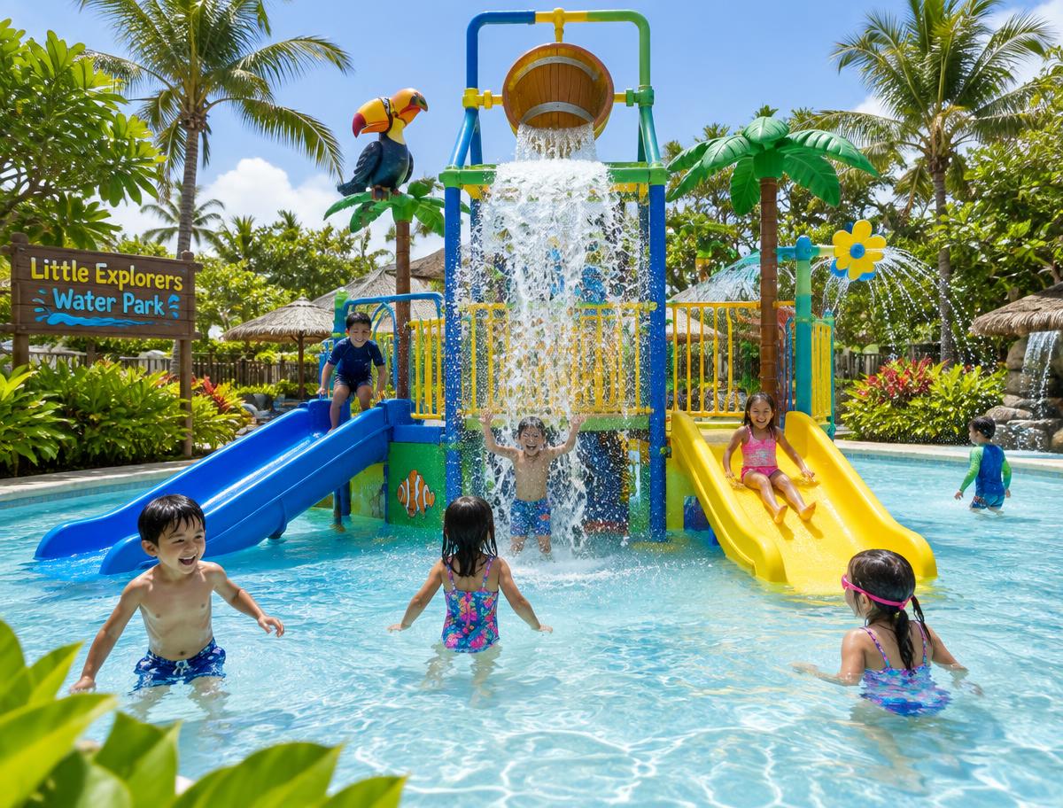Kolam anak dengan ember tumpah dan perosotan